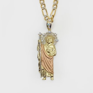 10k & 14k Solid Gold Saint Jude San Judas Tri-Color CZ Charm Pendant Necklace for Men Women – Unique Gift for Him and Her