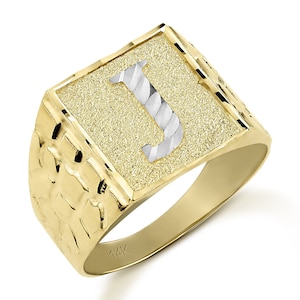 10k & 14k Solid Gold Diamond Cut Initial Letter Alphabet Monogram Max Square Nugget Ring Personalized Lightweight Gift for Boy Him Men