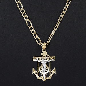 14k Solid Gold Jesus Crucifix Cross Anchor Pendant Charm Necklace for Boy Men / Religious Two-Tone Jewelry Faith Christian Gift for Him
