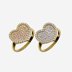10k Solid Gold Heart Pink White CZ Love Ring Gift for Women Girl