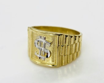 10k Solid Gold Money Dollar Sign Lucky Rolex Band Two Tone Classic Style Ring for Men