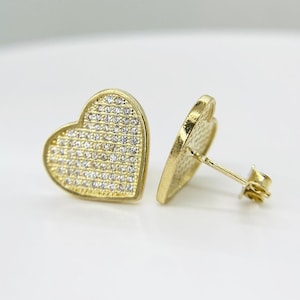 10k Solid Gold Herz CZ Ohrstecker Ohrringe Flach Klassisch Push Back Design für Frauen Mädchen / Schöne & Langlebig Alltag Schmuck Geschenkidee für Sie