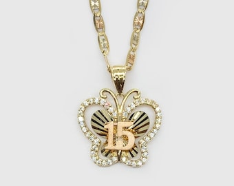 10k & 14k Solid Gold Quinceanera 15th Birthday Butterfly CZ Pendant Charm Necklace for Women Girls / Perfect Keepsake Jewelry Gift for Her