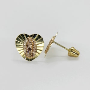 14k Solid Gold Virgin Mary & Virgen Maria Lady Guadalupe Heart Screw Back Stud Earrings for Women Girls Religious Faith Jewelry Gift for Her