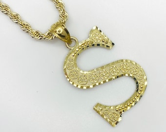 10k Solid Gold Initial Letter Alphabet Diamond Cut Charm Pendant Necklace for Men/Women (Large)