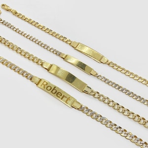 10k Gold ID Cuban Chain Link Bracelet with Diamond Cut / Personalized Name Engraving Classic Paved ID for Men Women Boy Girl Him Her