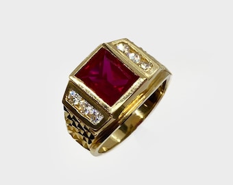 14k Solid Gold Square Ruby Red White CZ Classic Statement Ring for Men