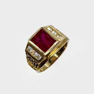 14k Solid Gold Square Ruby Red White CZ Classic Statement Ring for Men