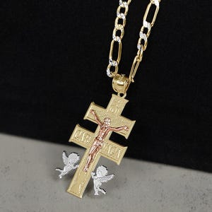 10k & 14k Gold Cross Caravaca Jesus Crucifix Pendant Necklace Catholic Religious Yellow Rose White Gold  Charm Gift for Boy Girl Men Women