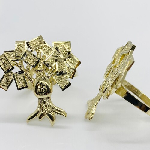10k Solid Gold Money Bag Tree Ring for Men Women Etsy