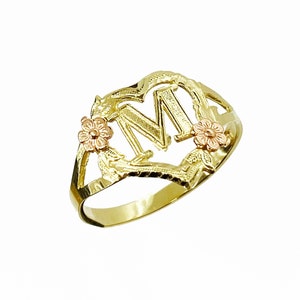 10k Solid Gold Heart Initial Letter Alphabet Rose Heart Love Valentine Ring Gift for Women Girl Her