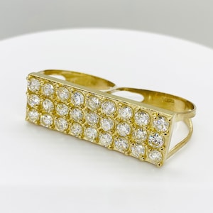 10k Solid Gold Round CZ Double Two Finger Ring Classic Sparkling Design Unique Jewelry for Boy Men Women / Elegant Statement Piece for Him