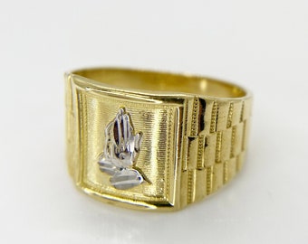 10k Solid Gold Praying Hand Band Two Tone Classic Style Ring for Men