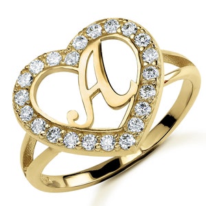 10k Solid Gold Initial Letter CZ Heart Ring for Women Girl / Custom Alphabet Monogram Ring Personalized Jewelry Gift for Her
