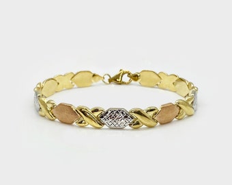 10k Gold XO Heart & Kiss Stampato Tri-Color Bracelet, Rose White Yellow Link Design, Romantic Gift for Women, Girls / Unique Jewelry for Her