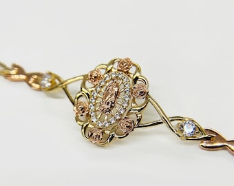 Pulsera con dije de corazón, rosa y circonita cúbica de oro macizo de 10k y 14k con la Virgen María de Guadalupe, para mujer y niña. Joyería religiosa, regalo para ella.