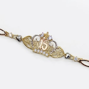 14k Solid Gold Quinceanera 15th Birthday Crown CZ Charm Pendant Bracelet for Women/Girls Elegant Jewelry Gift for Special Celebrations