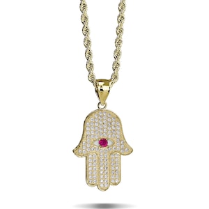 10k Solid Gold Hamsa Hand Evil Eye CZ Pendant Charm Necklace for Boy Girl Kids Men Women / Protective Jewelry Gift Unique Fashion Accessory