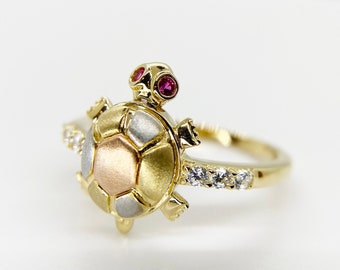 14k Solid Gold Turtle Tourmaline Tri Color Red Eye Moving Head Lucky CZ Ring for Women Girl