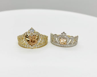 10k & 14k Solid Gold Quinceanera 15th Birthday Crown CZ Two Tone Ring for Women/Girls - Stunning 15th Birthday Jewelry Gift for Her