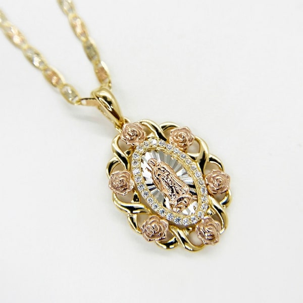 Collier à breloques en or massif 10 carats vierge marie vierge marie guadalupe rose cercle ovale pour femme fille