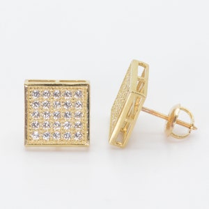 10k Solid Gold Square Flat CZ Beautiful Vintage Screw Back Stud Earrings for Men Boy