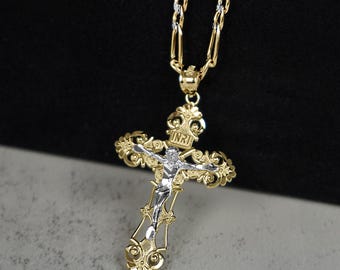 10k & 14k Gold Cross INRI Jesus Crucifix Pendant Necklace Catholic Religious Rose White Gold Diamond Cut Charm Gift for Boy Girl Men Women