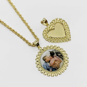 10K Solid Gold Round Heart Picture Photo Custom Frame Charm Pendant Necklace for Men Women Him Her / Personalized Memory Rollie Style