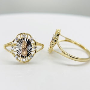 14k Solid Gold Virgin Mary Lady Guadalupe Religious CZ Ring for Women Girl, Catholic Faith Jewelry, Beautiful Guadalupe Charm Statement Gift