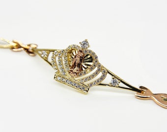 Pulsera de oro macizo de 10k y 14k con corona de circonitas de la Virgen María Guadalupe
