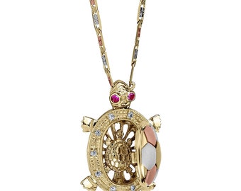 14k Solid Gold Turtle Pendant Necklace for Women Girl, Tri-Color Tourmaline Baby Turtle with Red Eye and Moving Head, Lucky Charm Gift Idea