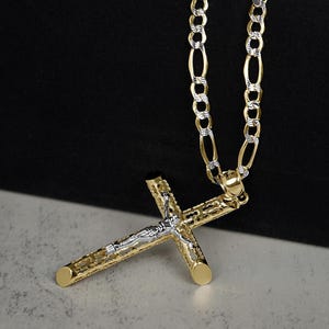10k & 14k Solid Gold Cross Jesus Crucifix Two Tone Religious Charm Pendant Necklace for Boy Men Women / Catholic Christian Jewelry Gift