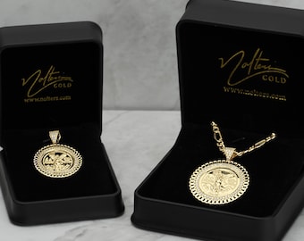 Collana con ciondolo a forma di cerchio rotondo in oro massiccio 14k, moneta messicana da 50 pesos, stile Rollie, con zirconi cubici, regalo per uomo, donna, uomo