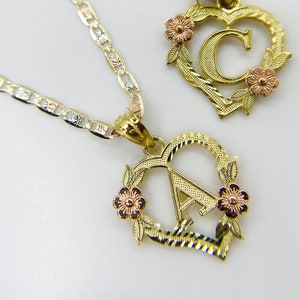 10k Solid Gold Heart Initial Letter Alphabet Rose Heart Love Valentine Pendant Charm Necklace Gift for Women Girl Her