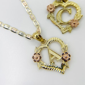 Collar con colgante de corazón con inicial en oro macizo de 10k y 14k. Dije de corazón rosa. Regalo de amor para mujeres y niñas. Joyas de San Valentín para ella.