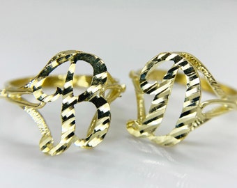 10k Solid Gold Cursive Initial Letter Alphabet Diamond Cut Monogram Ring (Small - 16.2mm)