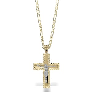 10k & 14k Gold Cross Two-Tone Classic Jesus Crucifix Pendant Necklace Catholic Religious Diamond Cut Charm Gift for Boy Men Women