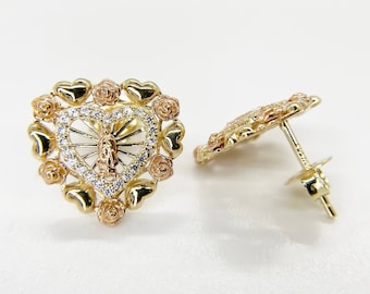 10k en 14k massief gouden Maagd Maria Maagd Maria Lady Guadalupe Rose Heart Stud Oorbellen voor vrouwen/meisjes Religieuze sieraden Cadeau voor haar moeder