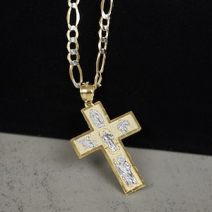 10k & 14k Gold Religious San Judas Guadalupe San Benito Saint Michael Two-Tone Cross Pendant Necklace Diamond Cut Charm Gift for Men Women