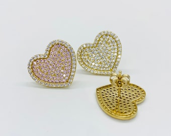 10k Solid Gold Pink White Heart CZ Stud Earrings Push Back for Women Girl