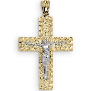 10k & 14k Gold Cross Two-Tone Crucifix Nugget Jesus Crucifix Pendant Necklace Catholic Religious Diamond Cut Charm Gift for Boy Men Women