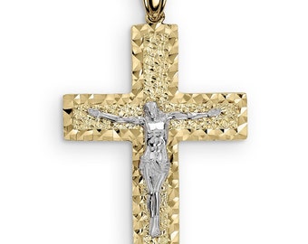 10k & 14k Gold Cross Two-Tone Crucifix Nugget Jesus Crucifix Pendant Necklace Catholic Religious Diamond Cut Charm Gift for Boy Men Women