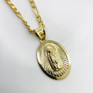14k Solid Gold Virgin Mary Virgen Maria Lady Guadalupe Oval Round Circle Pendant Charm Necklace for Women Girl