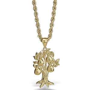Collana con ciondolo a forma di albero da cento dollari in oro massiccio 10k per ragazzi, uomini e donne, portafortuna, simbolo di ricchezza, regalo per lui e lei