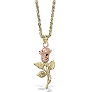 10k Gold Rose Flower Two-Tone Pendant Necklace | Beautiful Charm Jewelry Gift for Girl Women Her Floral Gold Pendant for Her Classic Design