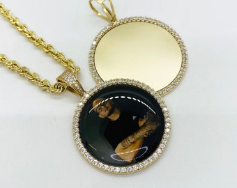 10K Solid Gold Medallion Personalized Picture Photo Memory CZ Charm Pendant for Men/Women