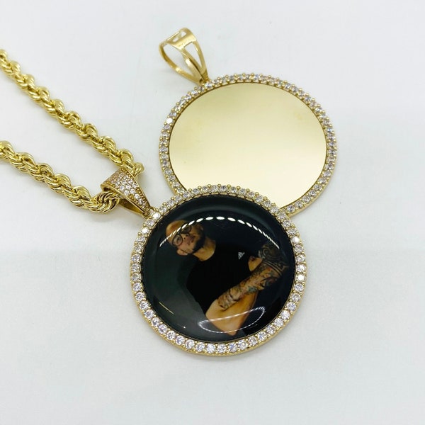 10k & 14k Solid Gold Medallion Pendant Necklace with Personalized Picture Photo Memory CZ Charm Custom Jewelry Gift for Men Women Her Him
