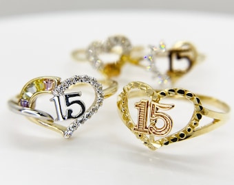 14k Solid Gold Quinceanera 15th Birthday Heart CZ Ring for Women