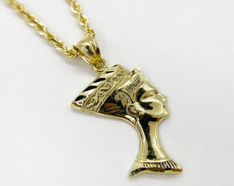 10k Solid Gold Queen Nefertiti Egyptian Pendant Charm Necklace for Men Women