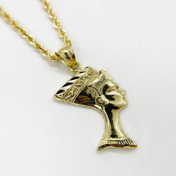 10k Solid Gold Queen Nefertiti Egyptian Pendant Charm Necklace for Men Women - Ancient Symbol of Power and Beauty Jewelry Gift for Him Her
